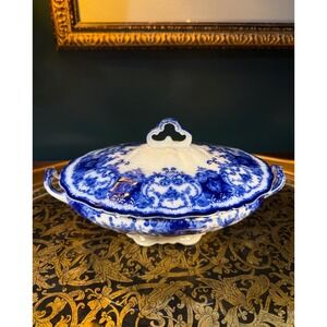 Flow Blue Tureen: John Maddock Dainty Royal Vitreous Vegetable Dish c.1896-1910